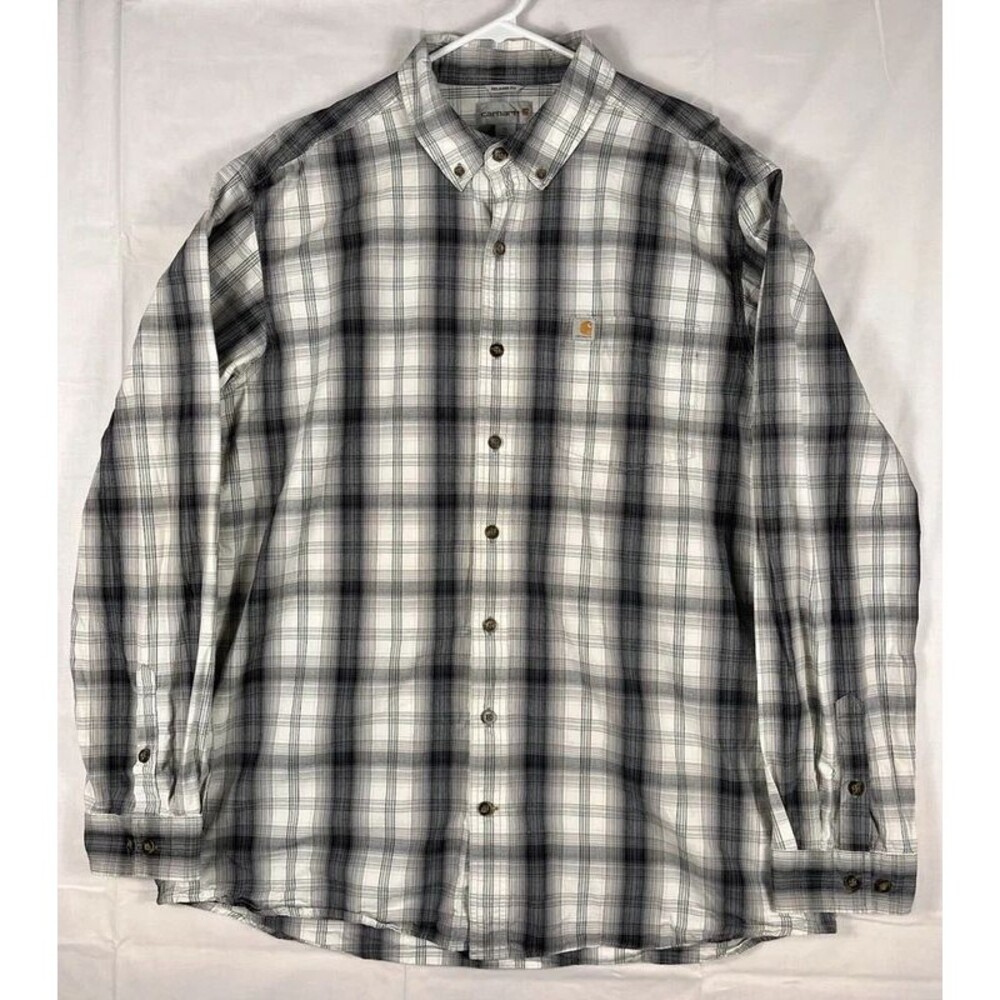 Carhartt L/S Button Work Shirt White Black Plaid Relaxed Fit Men’s XL Tall